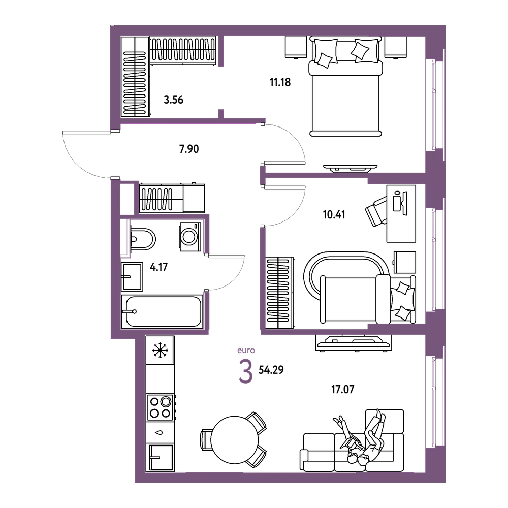 Планировка: Евротрёшка 54,29 м²