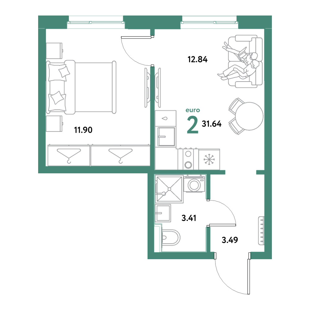 Планировка: Евродвушка 31,64 м²