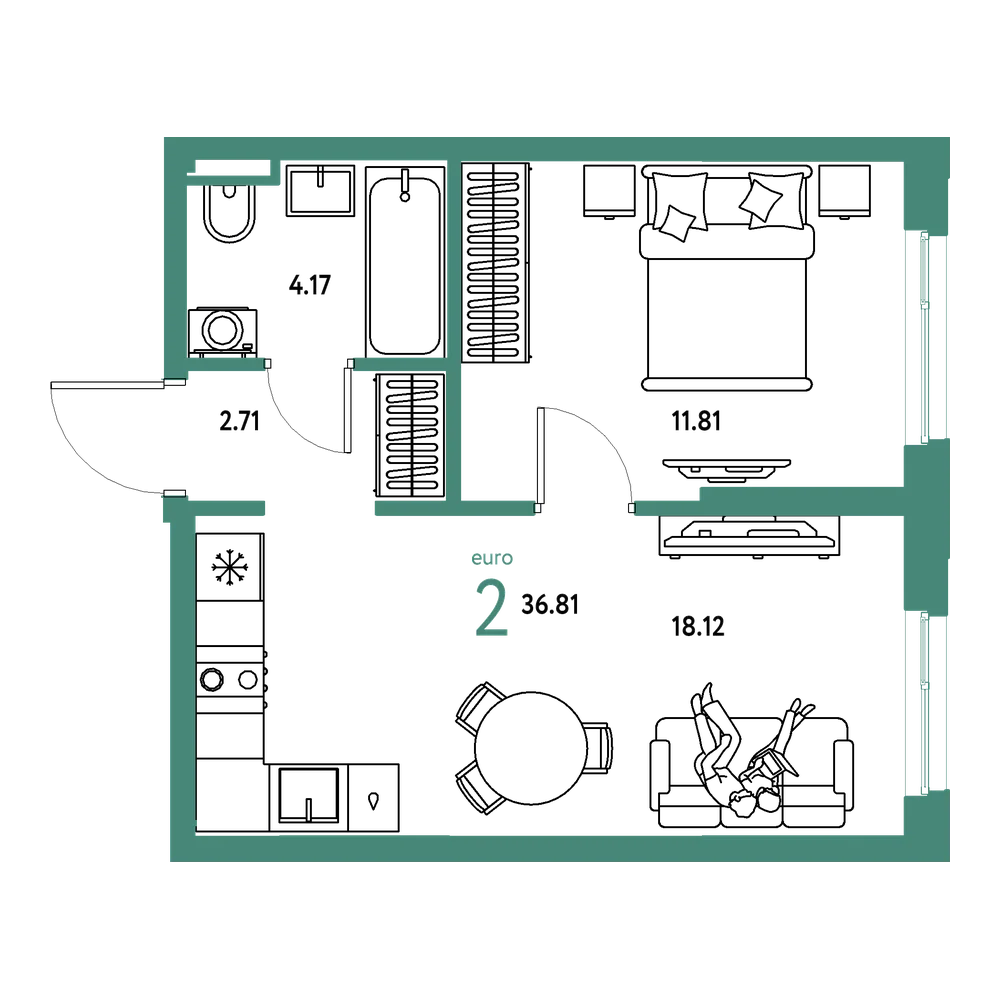 Планировка: Евродвушка 36,81 м²
