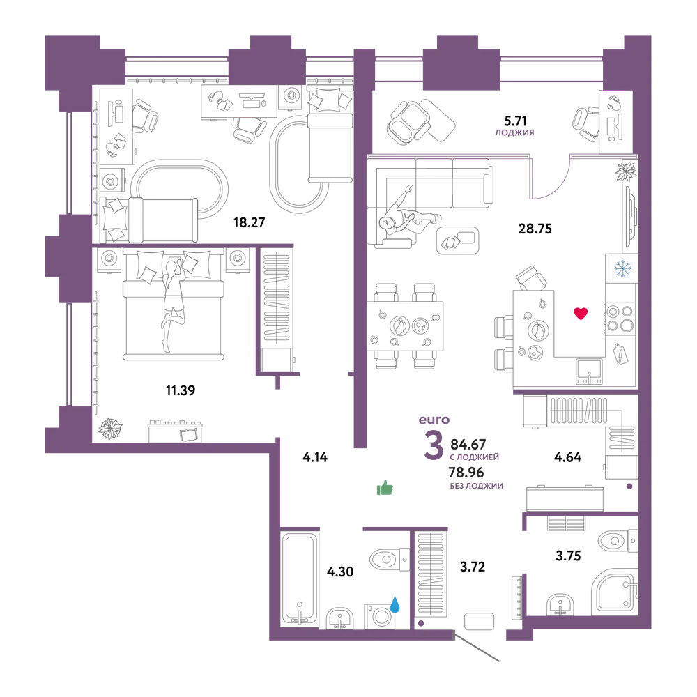 Планировка: Евротрёшка 84,67 м²