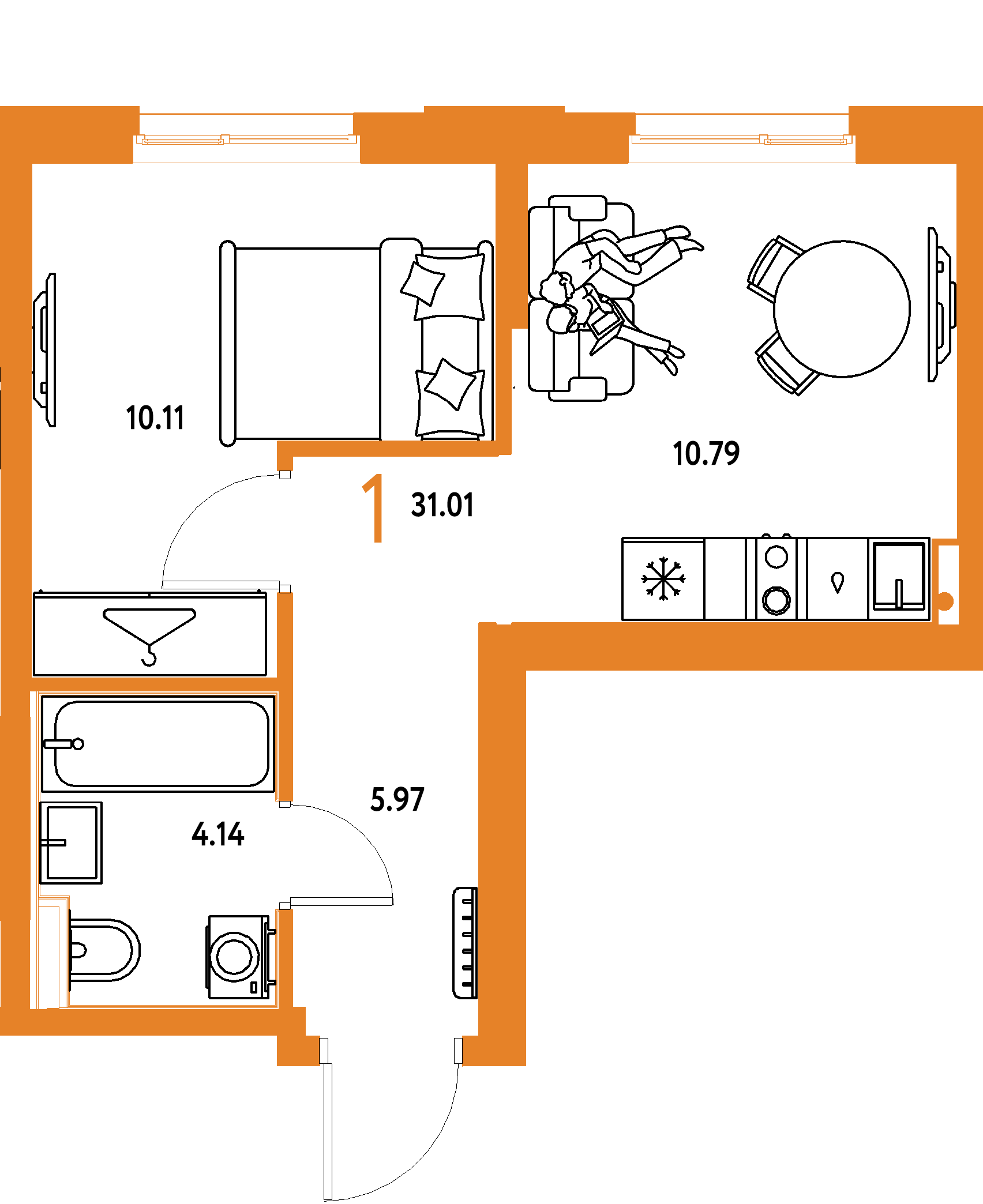 Планировка: 1-комнатная 31,01 м² в ЖК «Европейский берег 2.0»