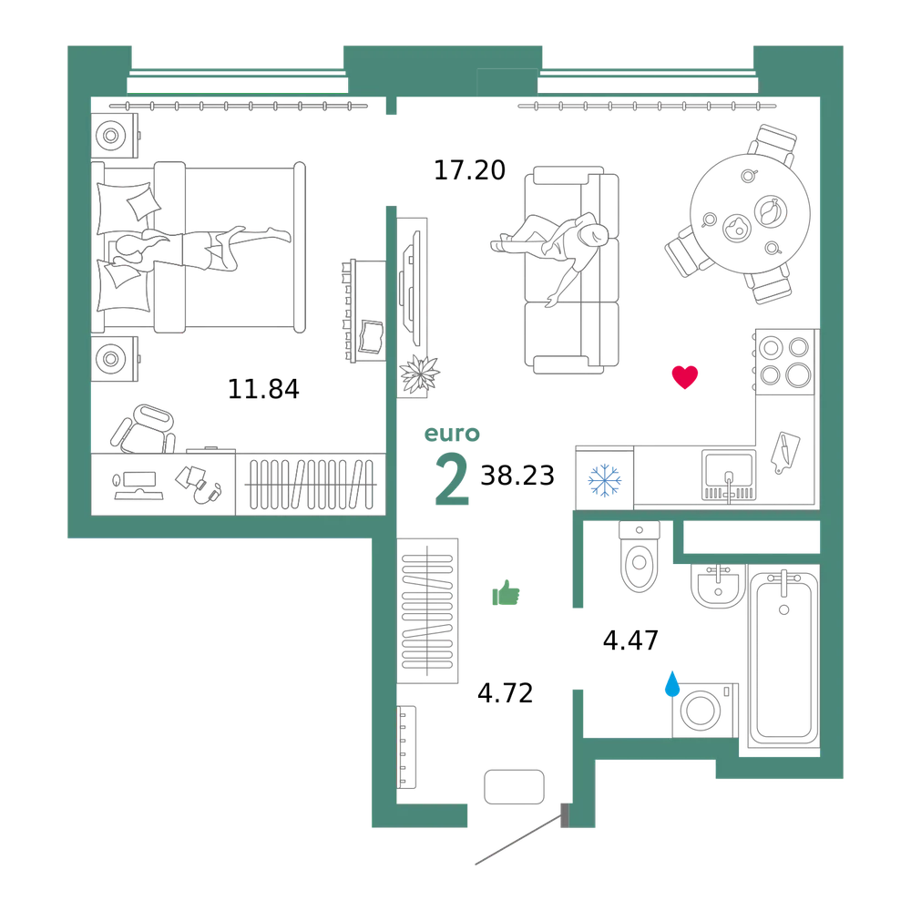 Планировка: Евродвушка 38,23 м²