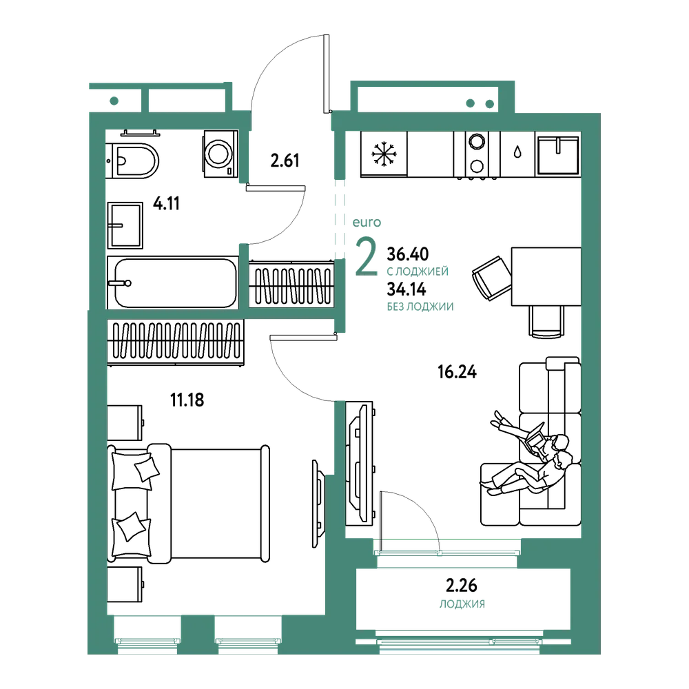 Планировка: Евродвушка 36,4 м²