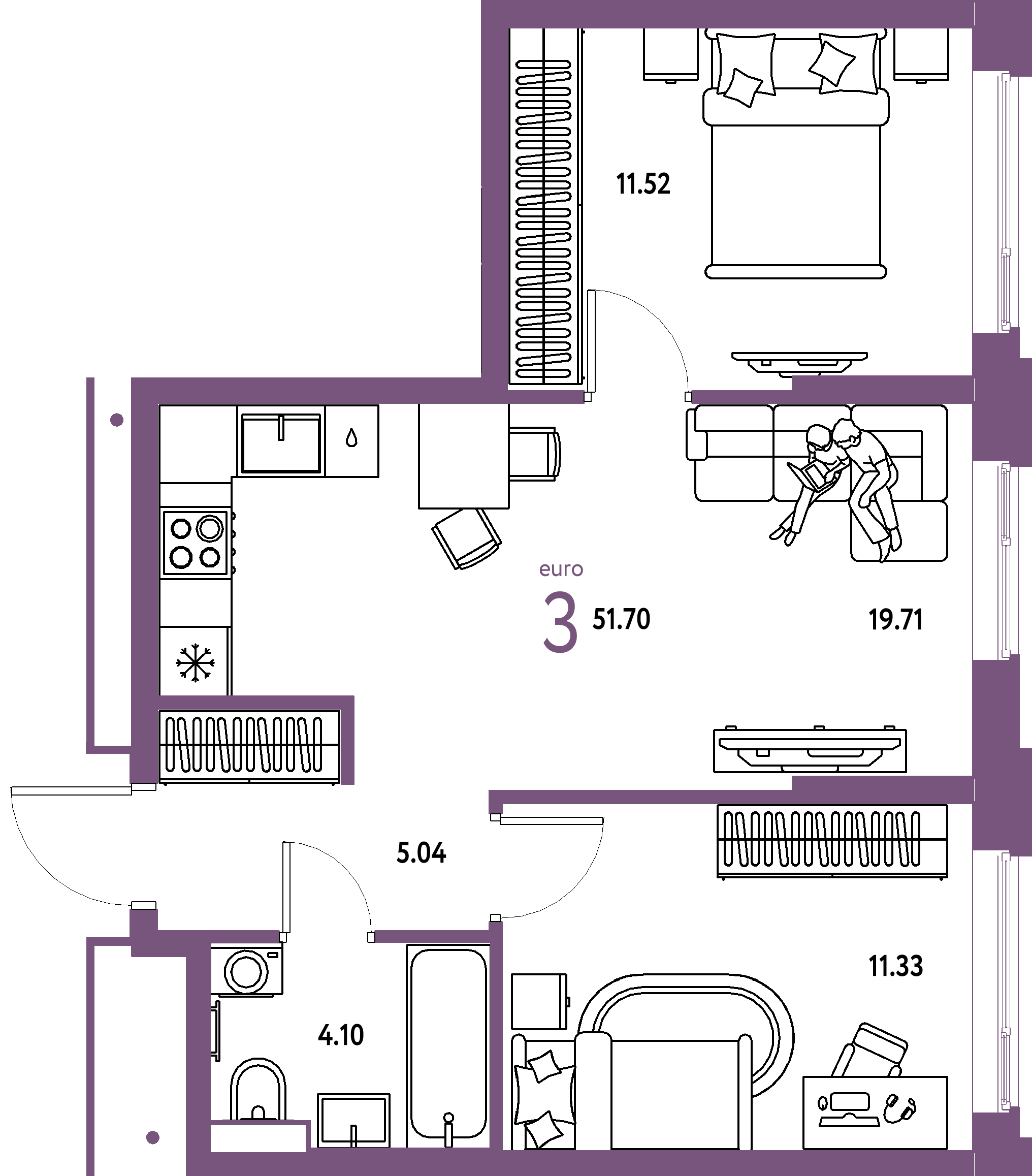Планировка: Евротрёшка 51,7 м² в ЖК «Авторский»