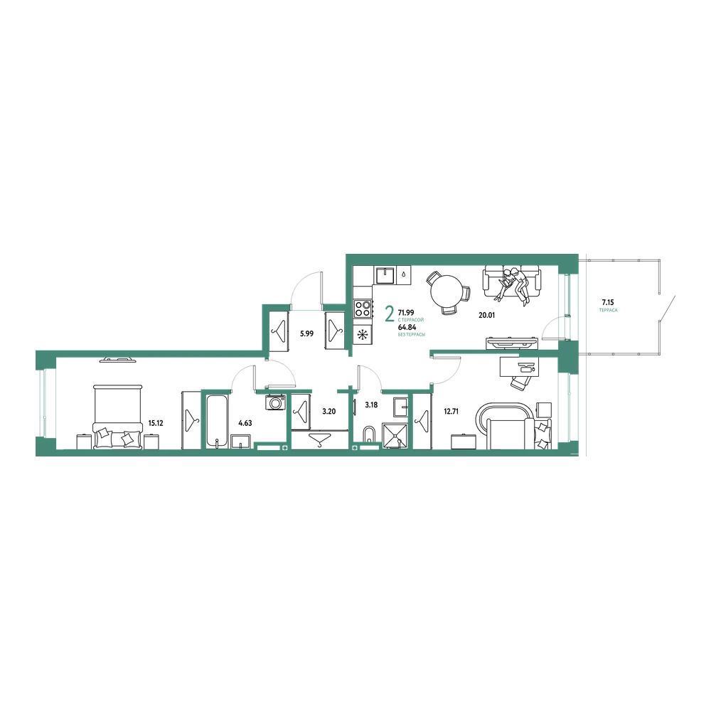 Планировка: 2-комнатная 71,99 м²