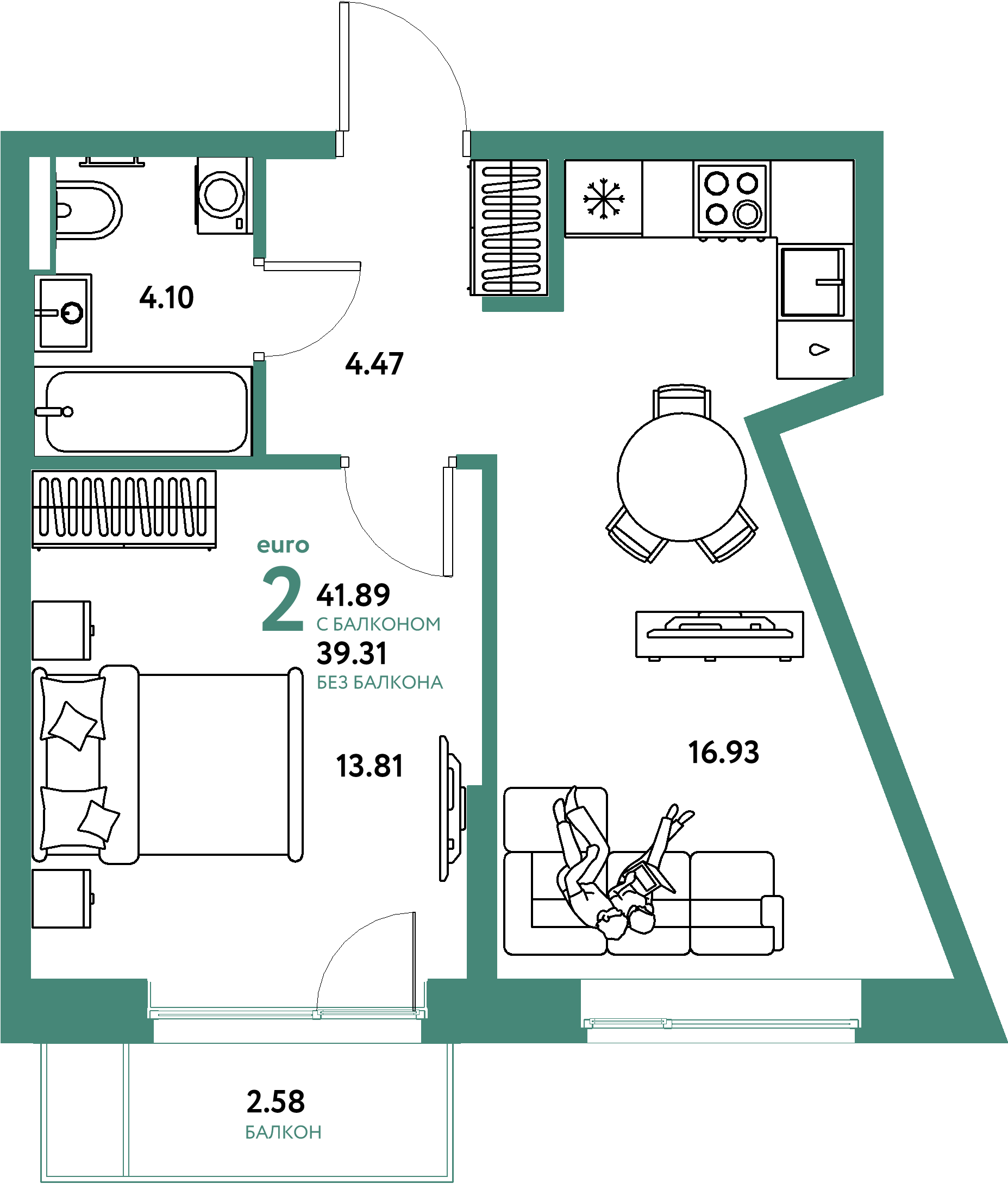 Планировка: Евродвушка 41,89 м² в ЖК «Авторский»