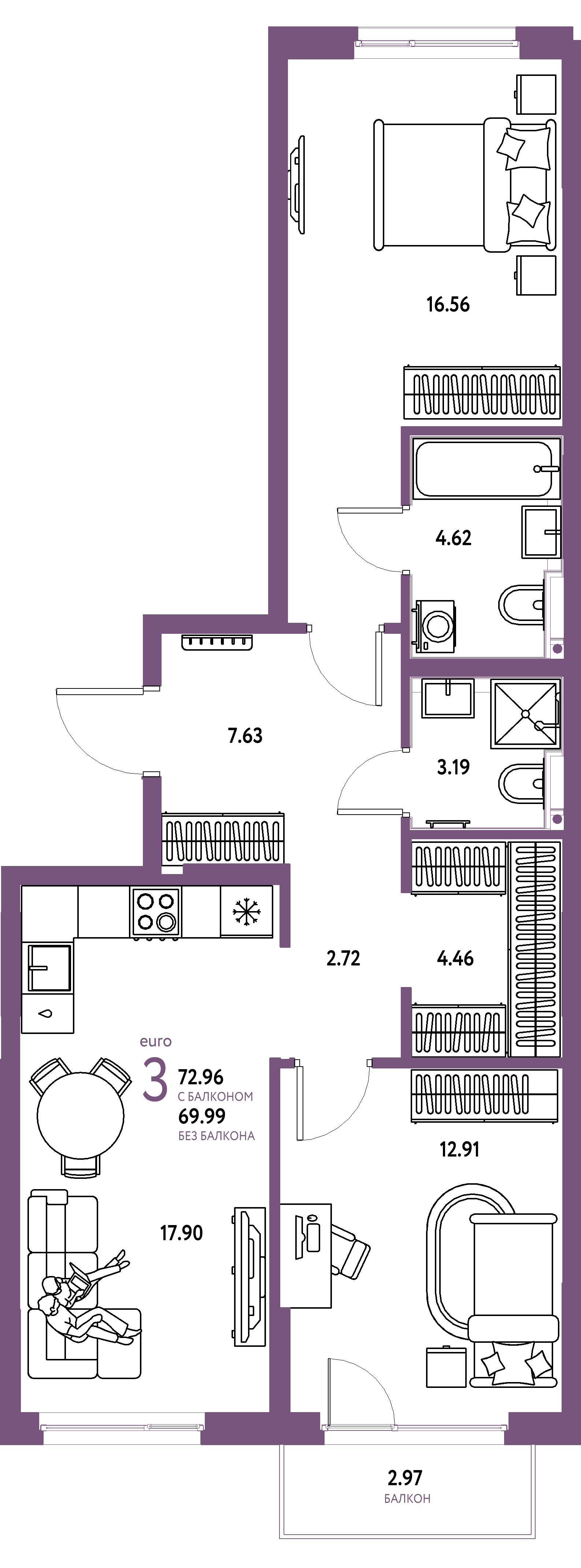 Планировка: Евротрёшка 72,96 м² в ЖК «Сердце Сибири»
