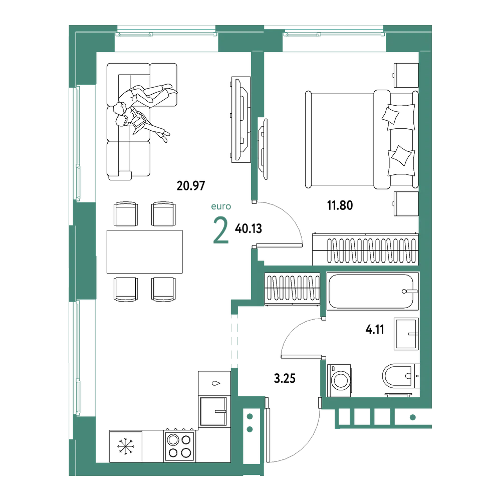 Планировка: Евродвушка 40,13 м²