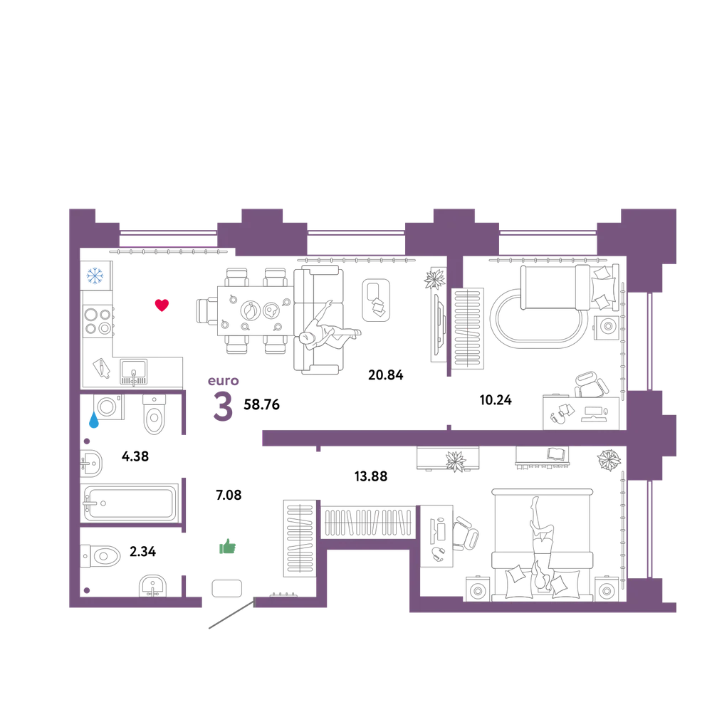 Планировка: Евротрёшка 59,57 м²