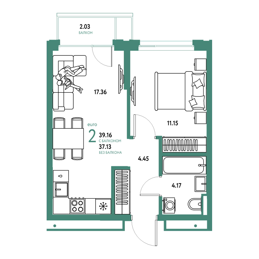 Планировка: Евродвушка 39,16 м²