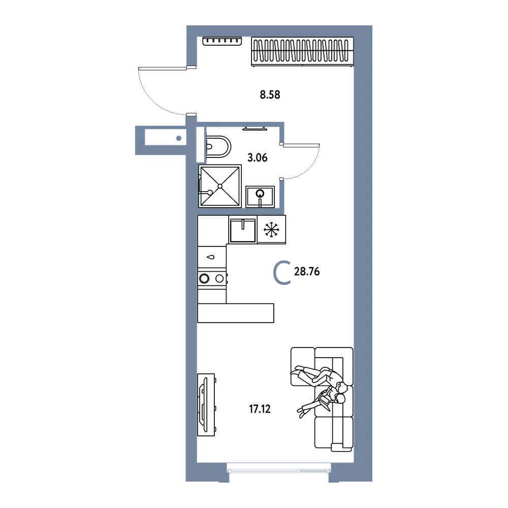 Планировка: Студия 28,76 м²