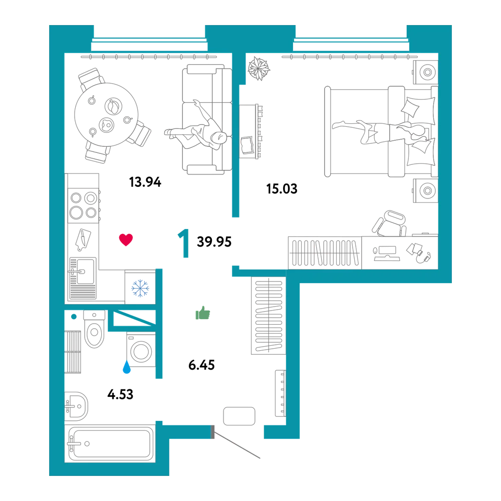 Планировка: 1-комнатная 39,95 м²