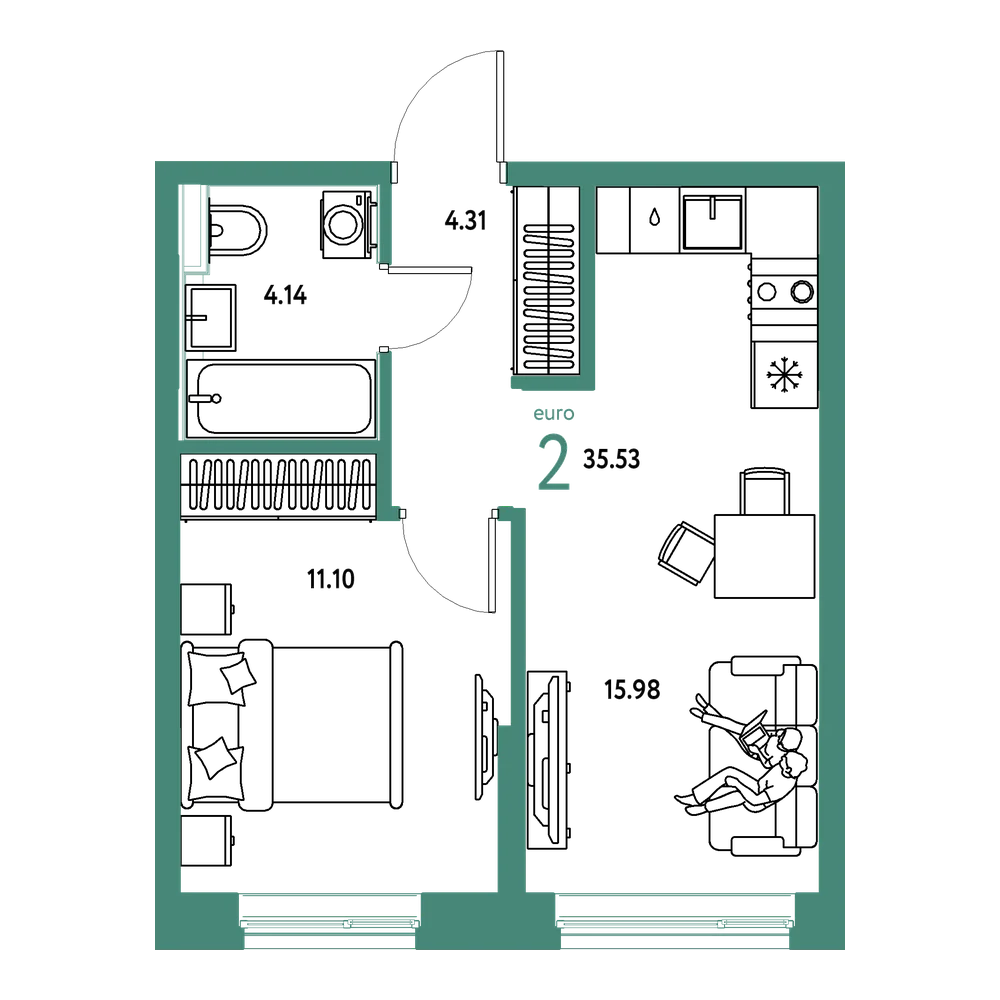 Планировка: Евродвушка 35,53 м²