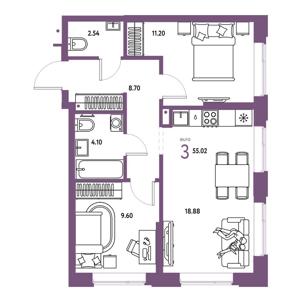 Планировка: Евротрёшка 55,02 м²