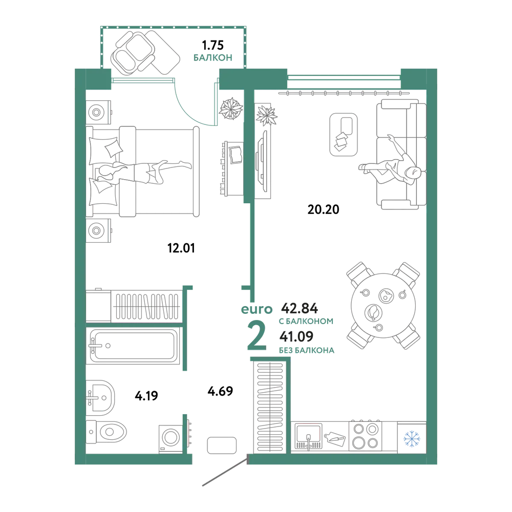 Планировка: Евродвушка 42,94 м²