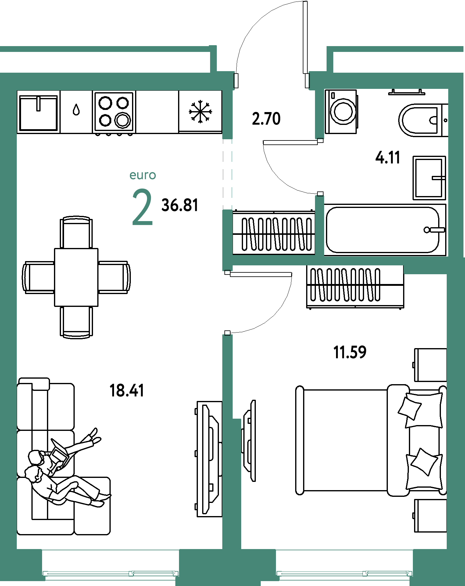 Планировка: Евродвушка 36,81 м² в ЖК «Домашний»