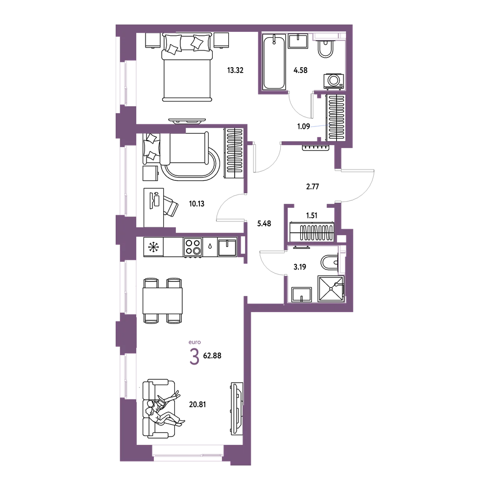 Планировка: Евротрёшка 62,88 м²