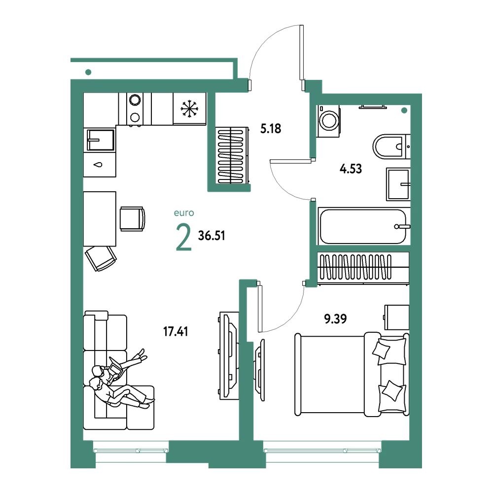 Планировка: Евродвушка 36,51 м²