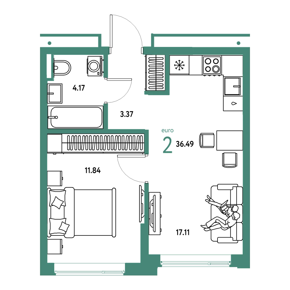 Планировка: Евродвушка 36,49 м²
