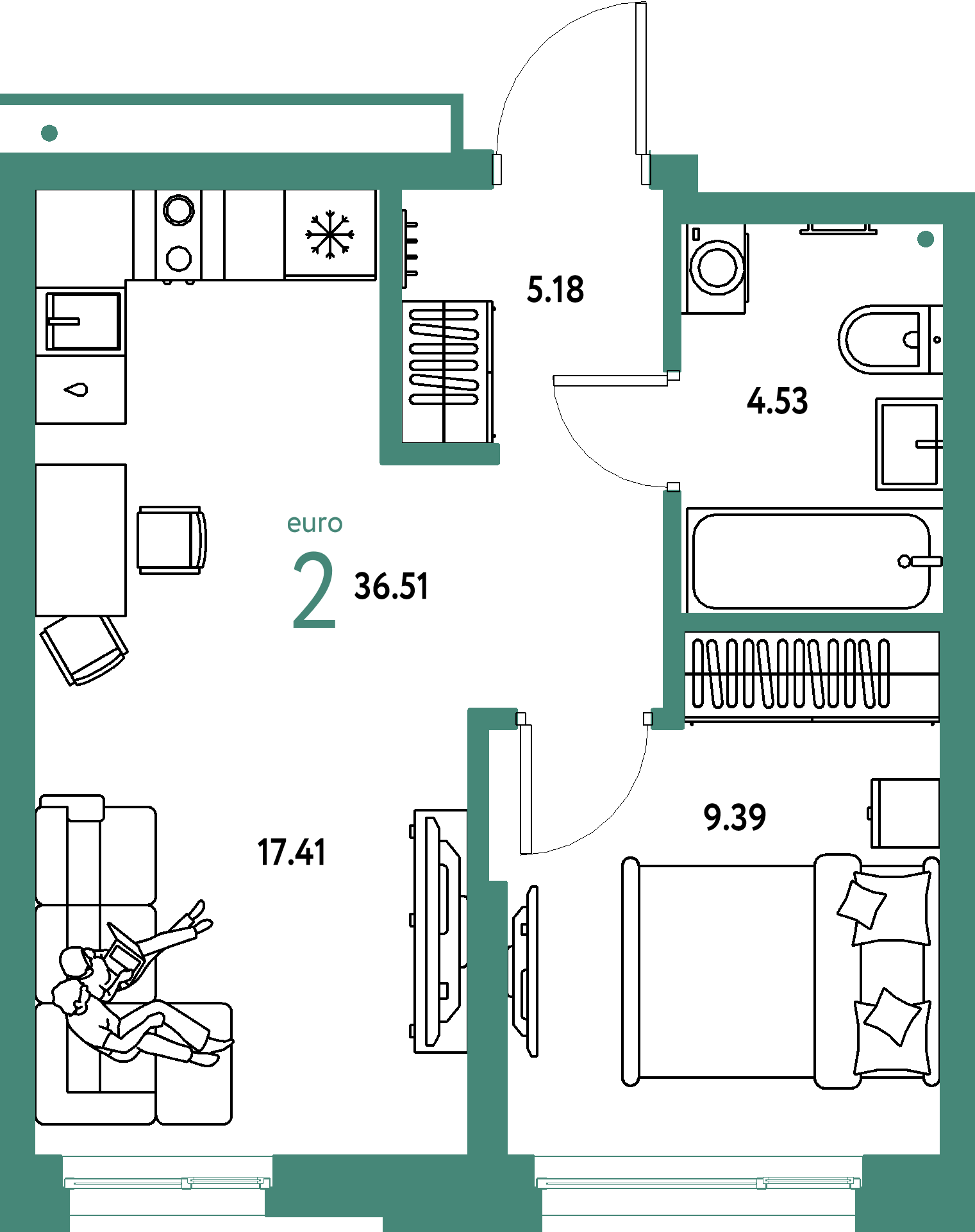 Планировка: Евродвушка 36,51 м² в ЖК «Домашний»