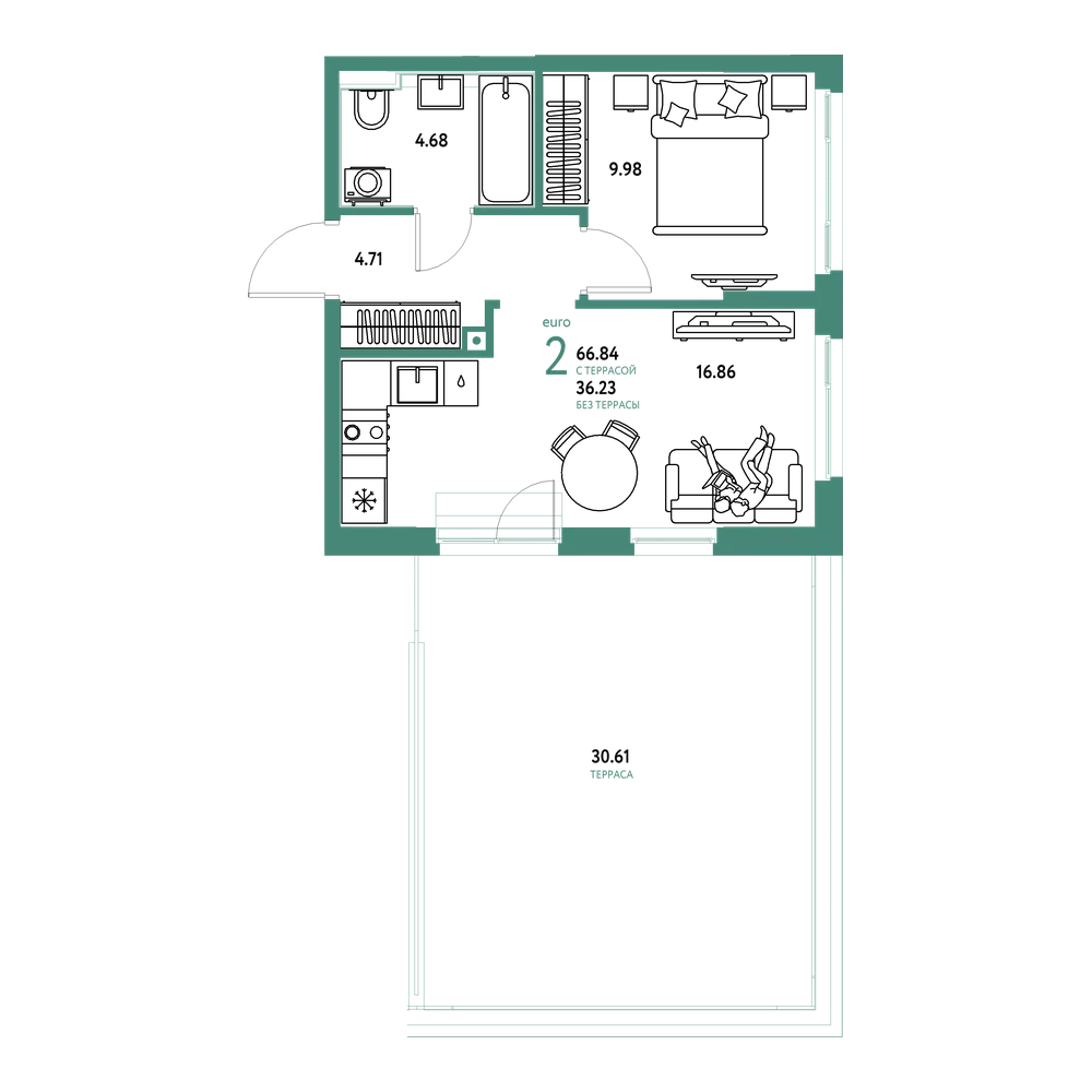 Планировка: Евродвушка 66,84 м²