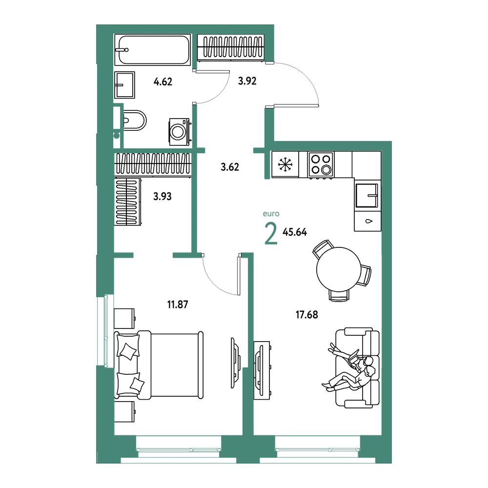 Планировка: Евродвушка 45,64 м²