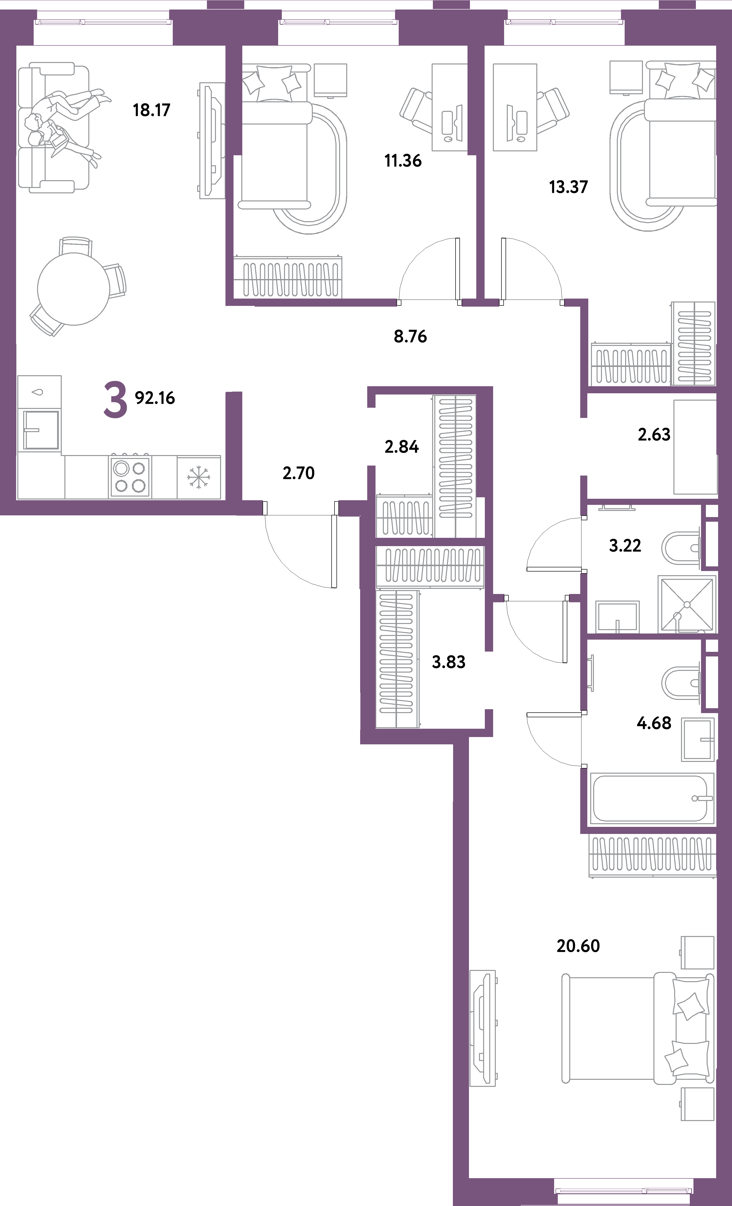 Планировка: 3-комнатная 92,16 м² в ЖК «Остров-сад»