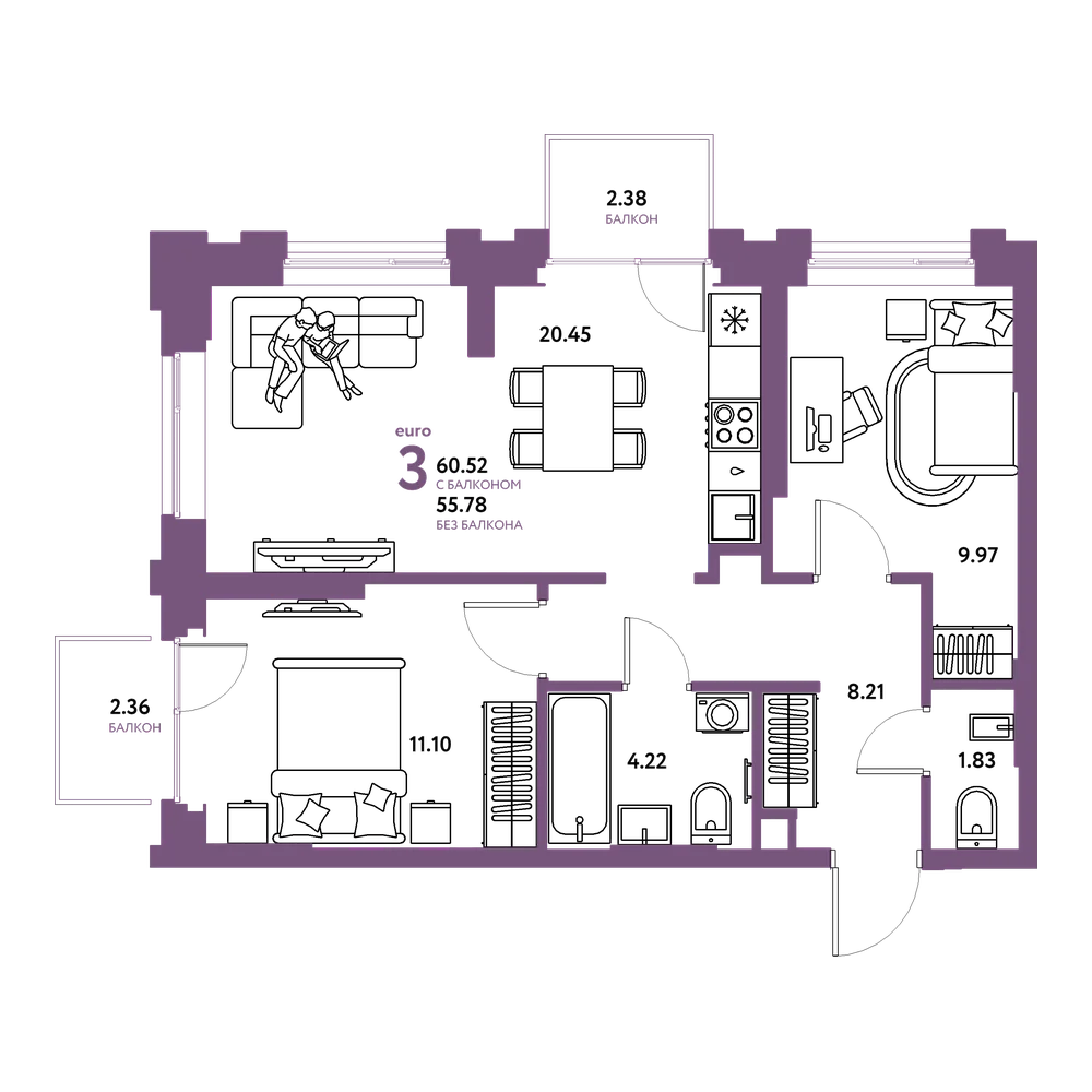 Планировка: Евротрёшка 60,52 м²