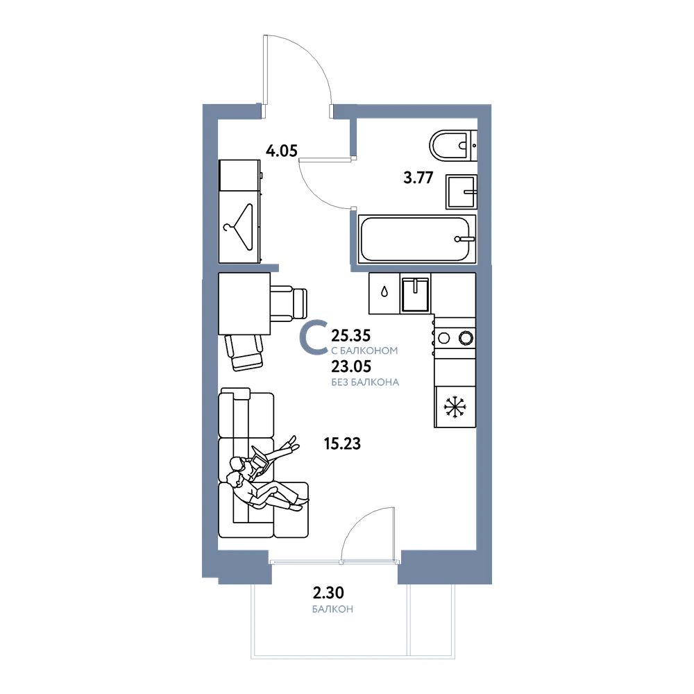 Планировка: Студия 25,35 м²