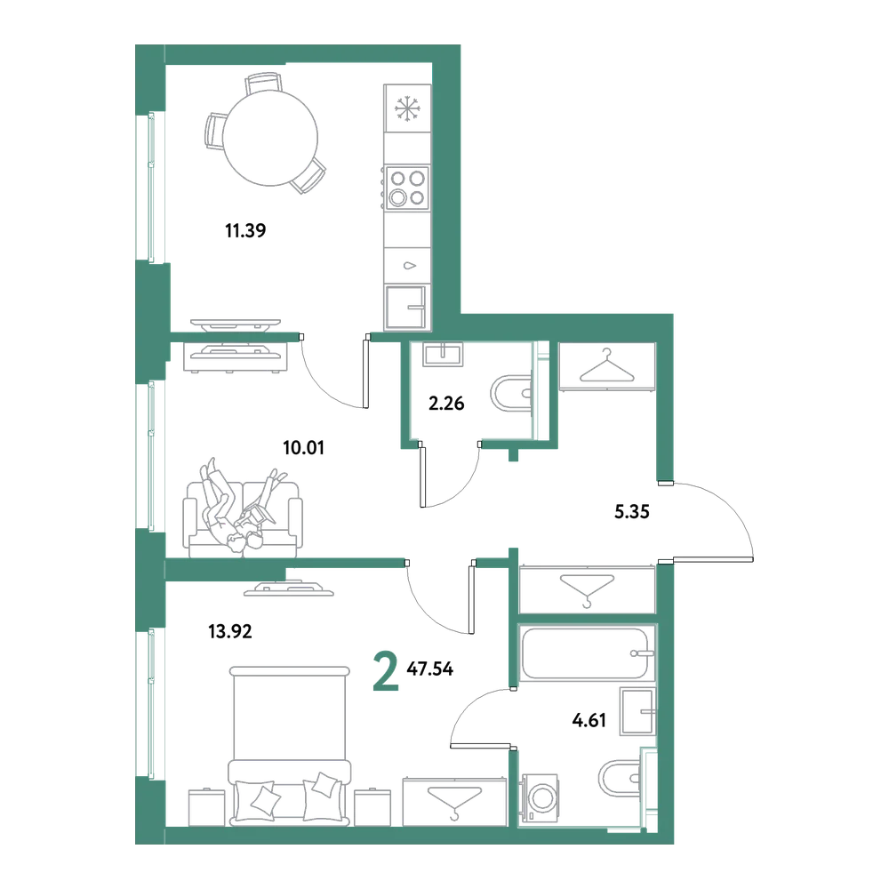Планировка: 2-комнатная 47,54 м²