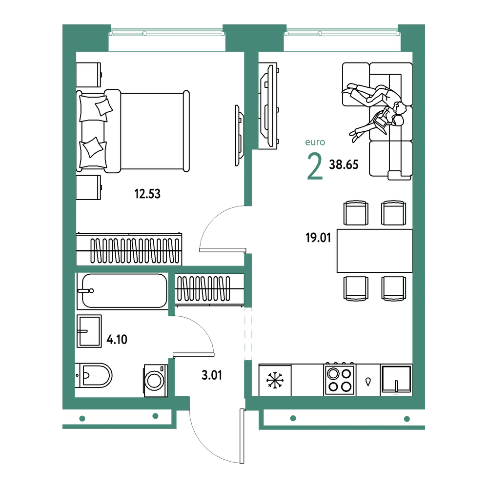 Планировка: Евродвушка 38,65 м²