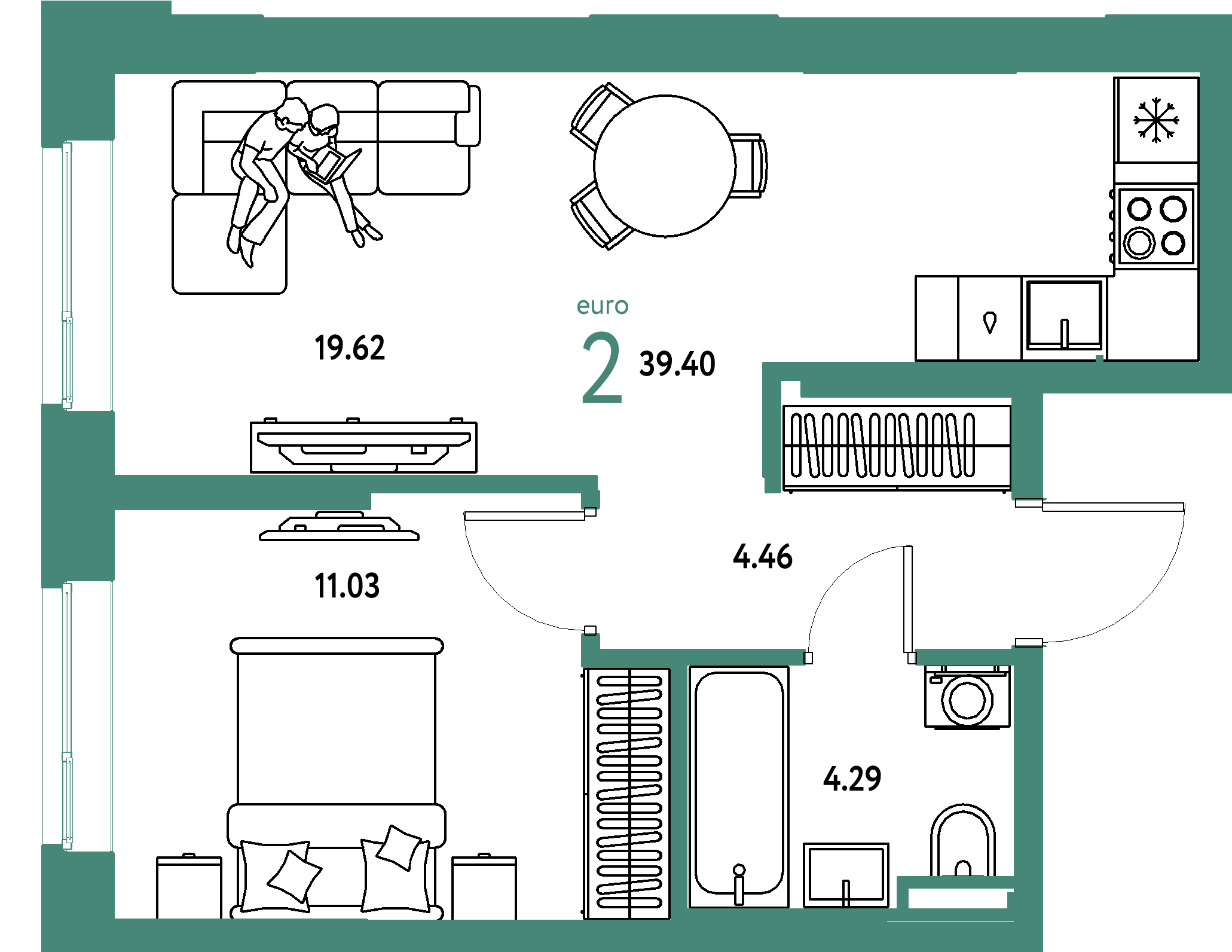 Планировка: Евродвушка 39,4 м² в ЖК «Остров-сад»