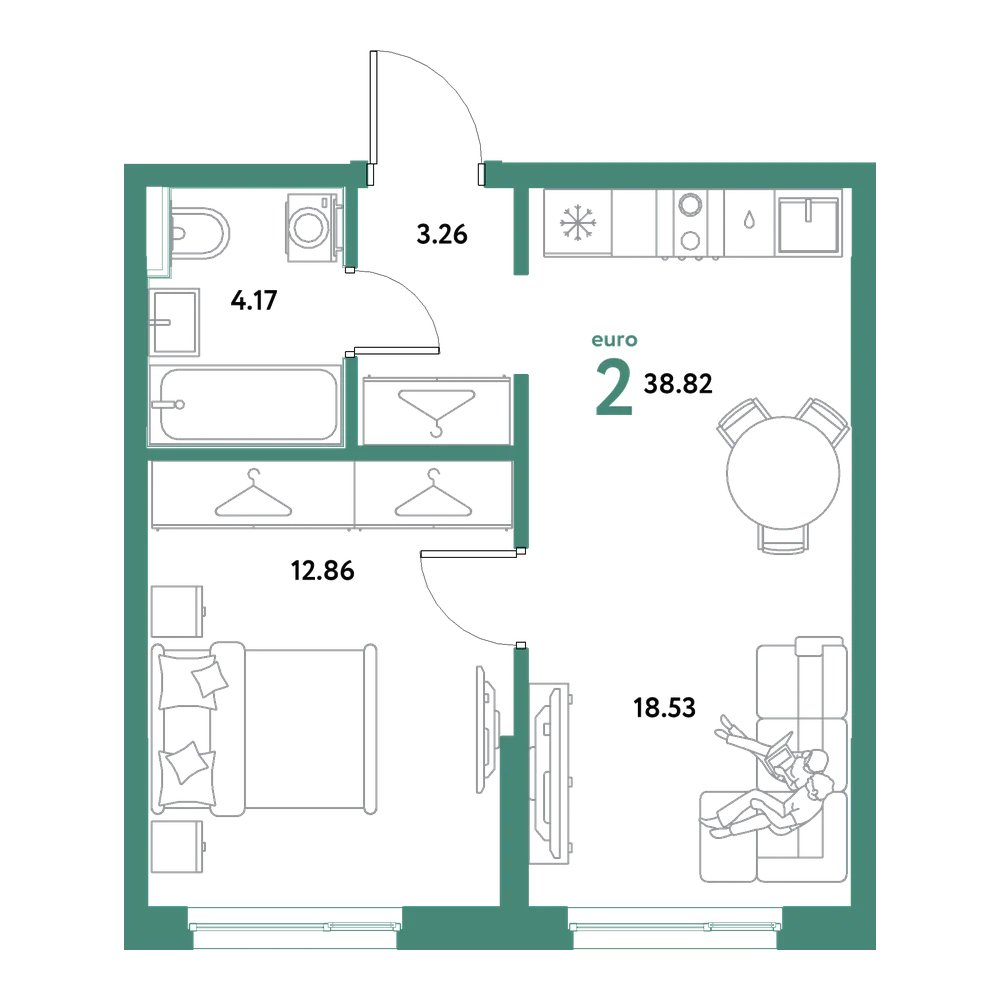 Планировка: Евродвушка 38,82 м²