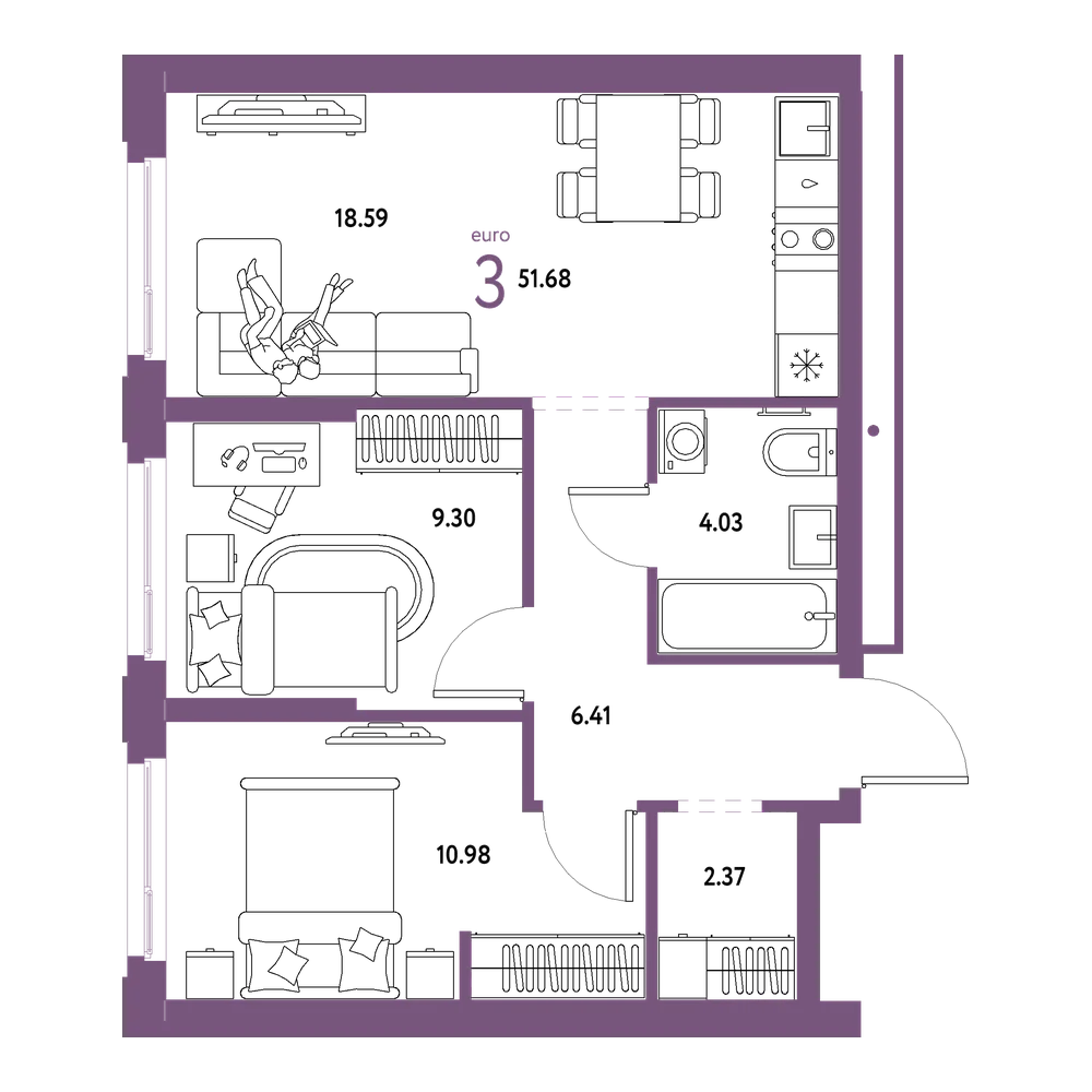Планировка: Евротрёшка 51,68 м²