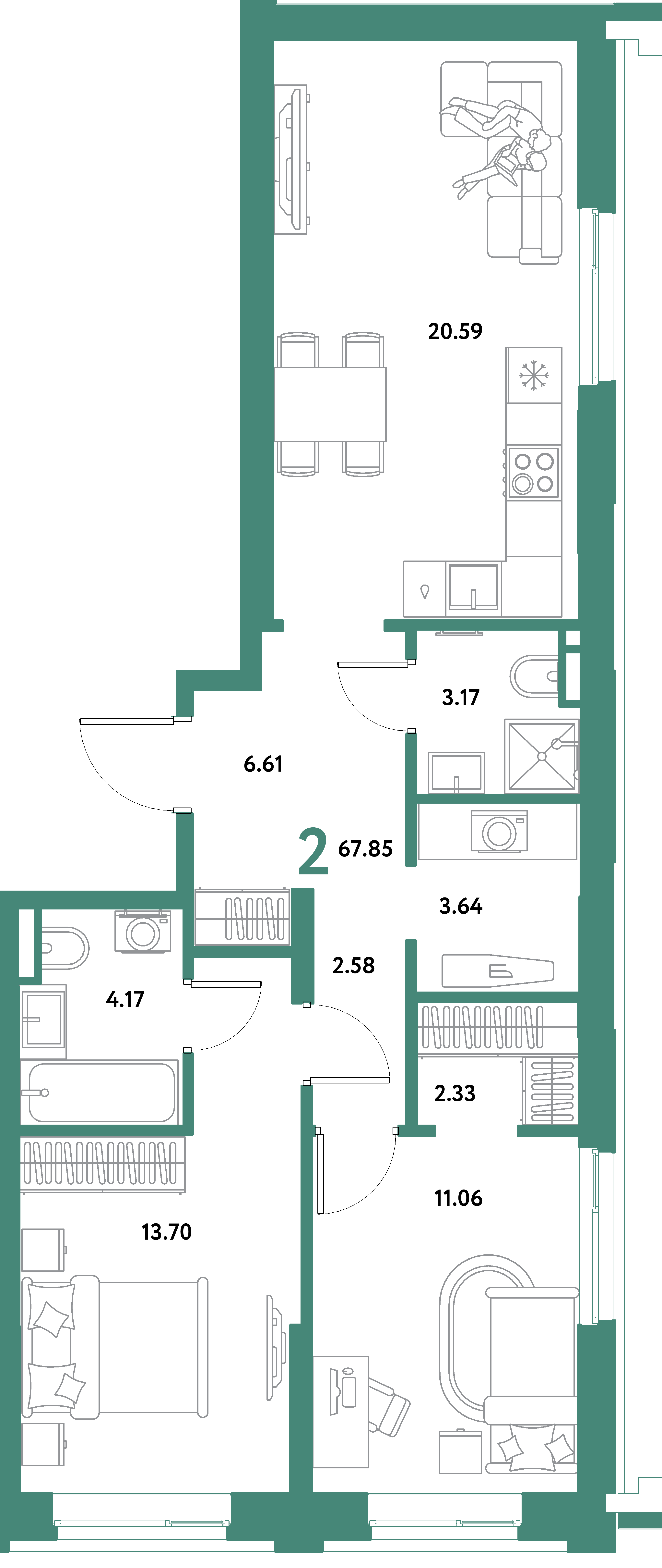 Планировка: 2-комнатная 67,85 м² в ЖК «Остров-сад»