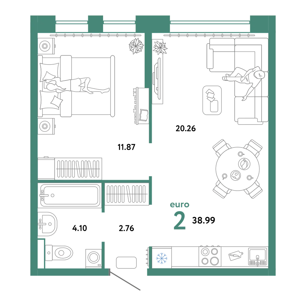 Планировка: Евродвушка 38,99 м²