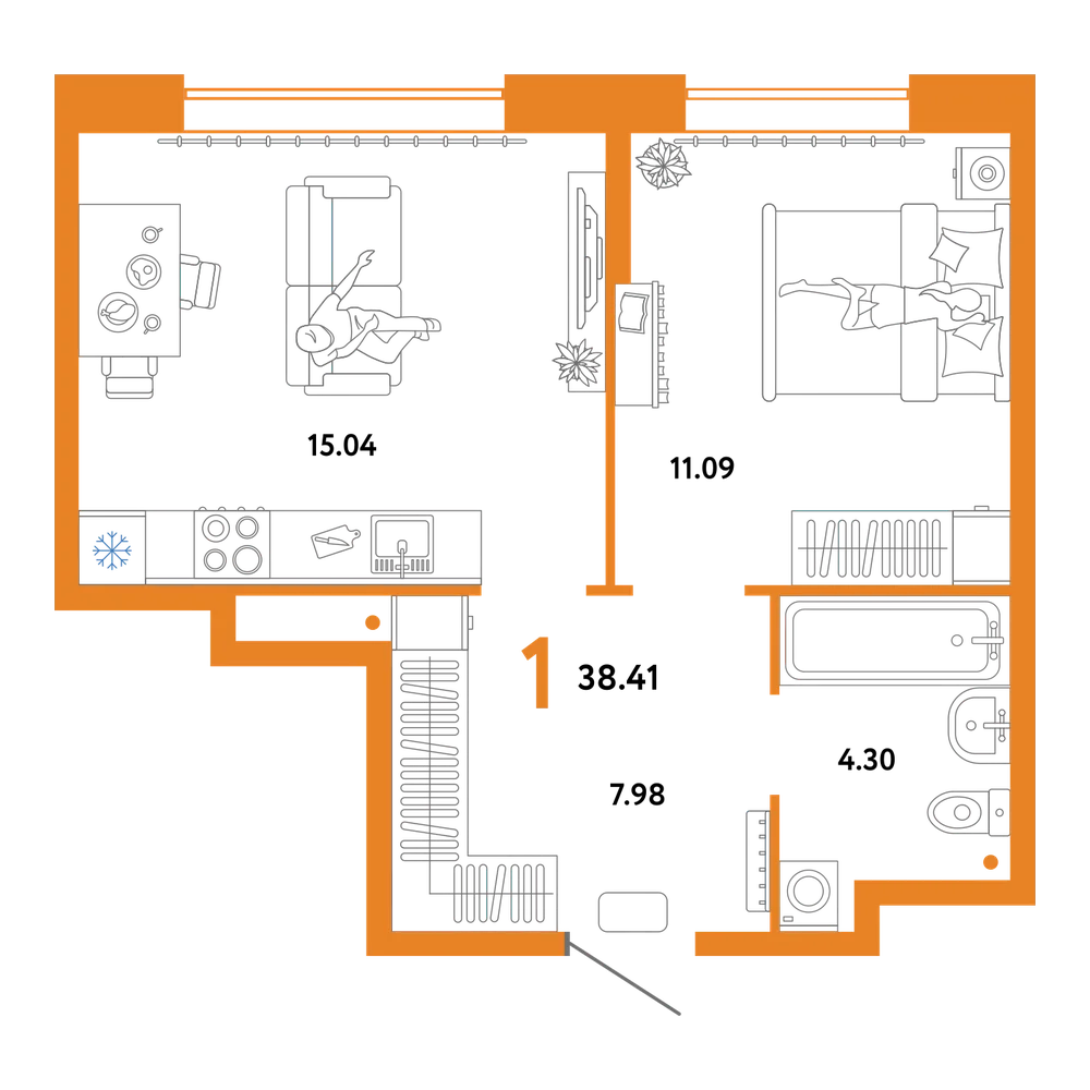 Планировка: 1-комнатная 38,41 м²