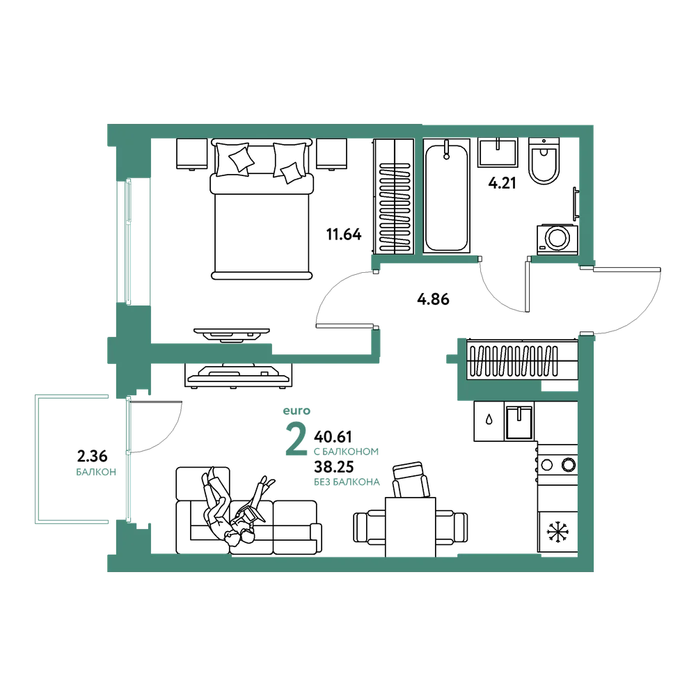 Планировка: Евродвушка 40,61 м²