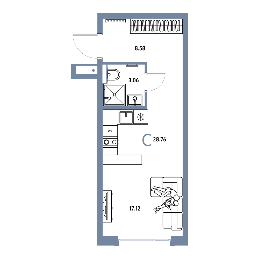 Планировка: Студия 28,76 м²