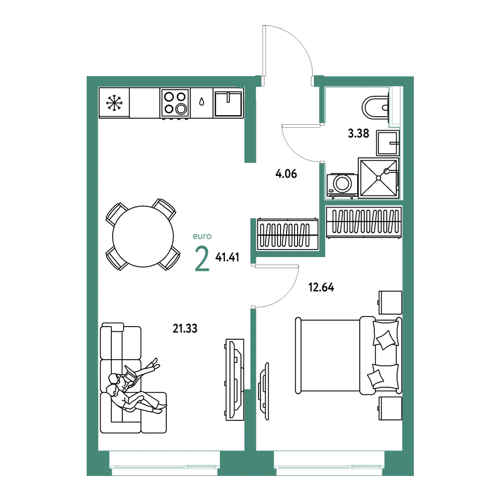 Планировка: Евродвушка 41,41 м²