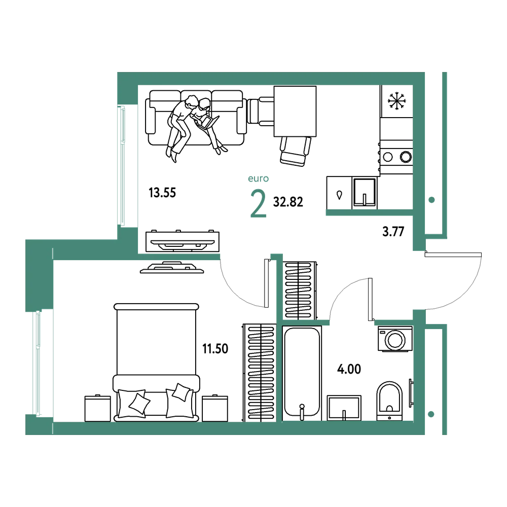 Планировка: Евродвушка 32,82 м²