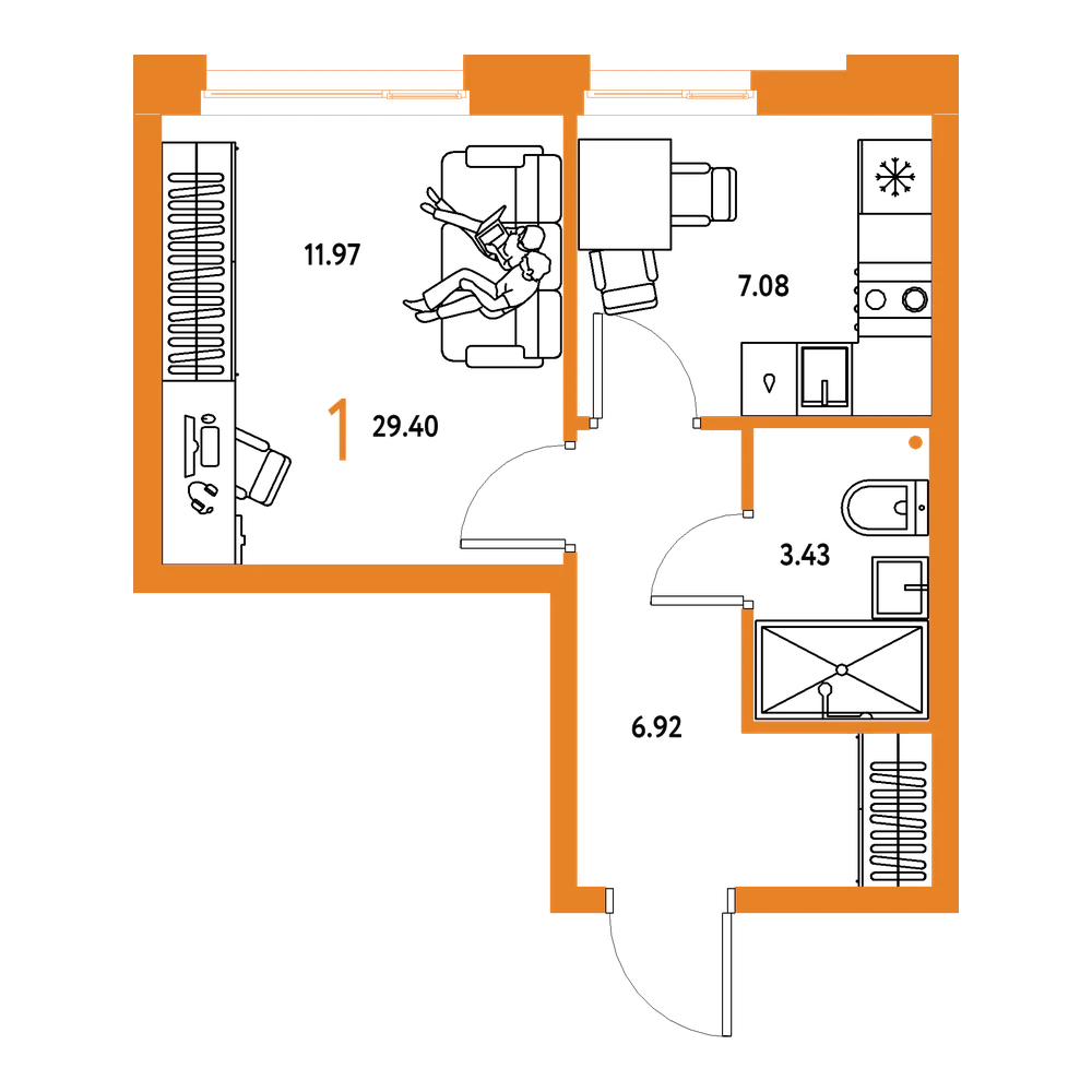 Планировка: 1-комнатная 29,4 м²
