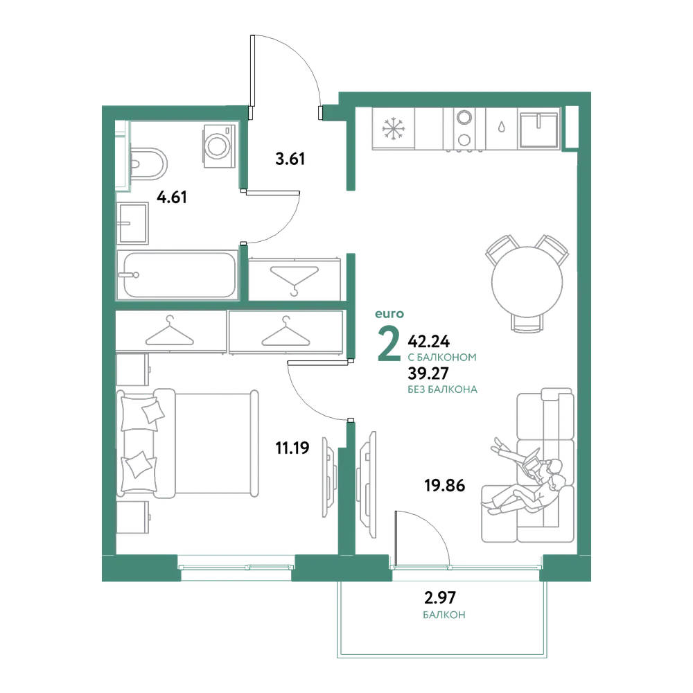 Планировка: Евродвушка 42,24 м²