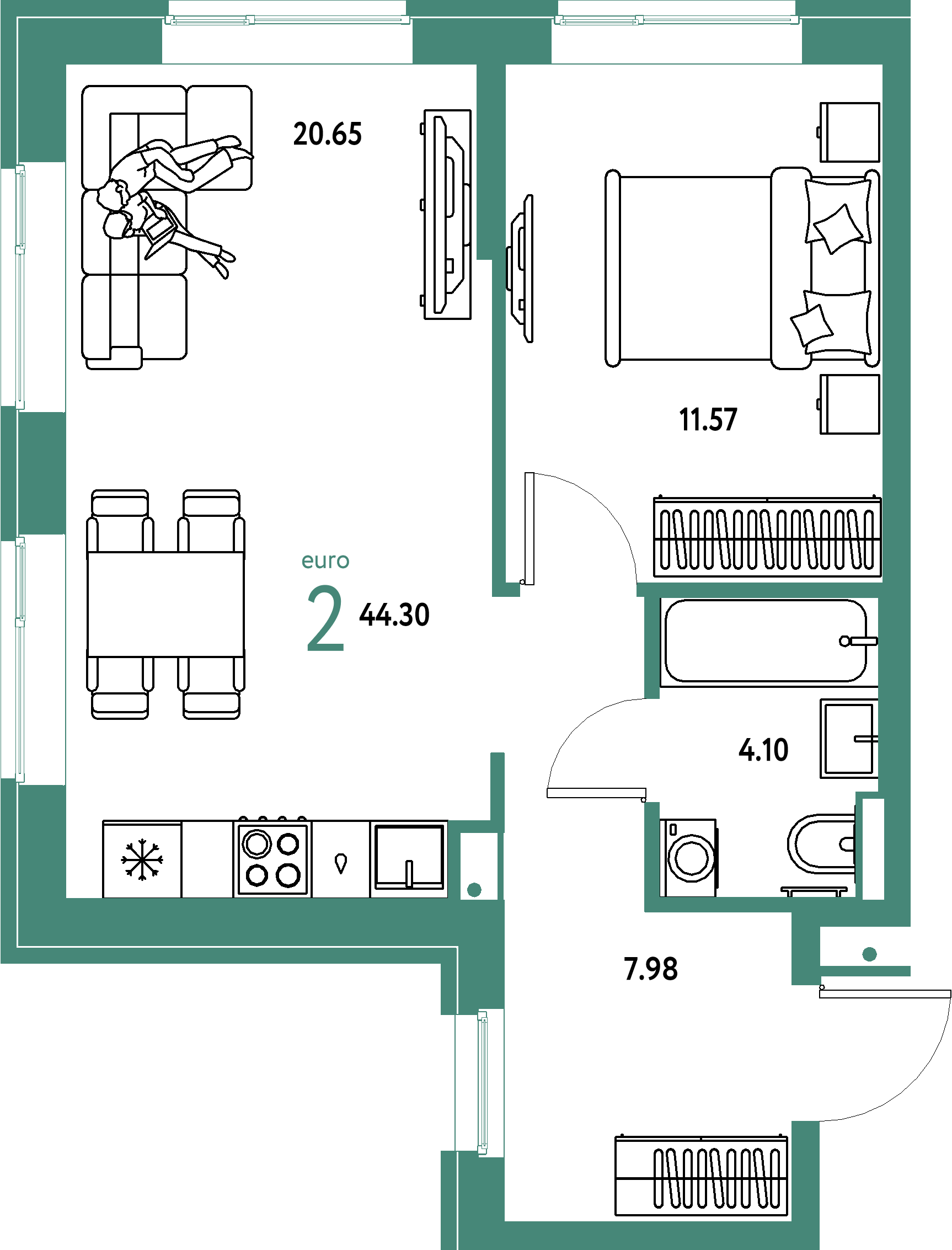 Планировка: Евродвушка 44,3 м² в ЖК «Домашний»