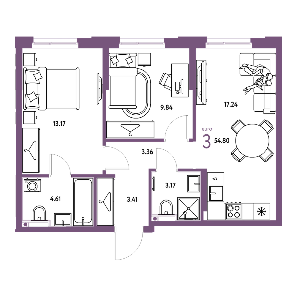 Планировка: Евротрёшка 54,8 м²