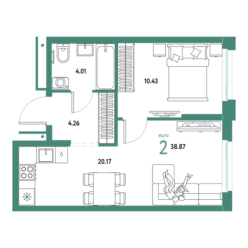 Планировка: Евродвушка 38,87 м²