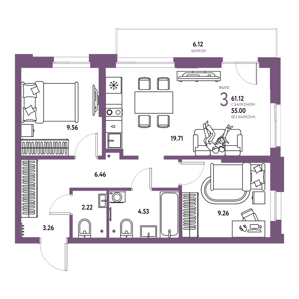Планировка: Евротрёшка 61,12 м²