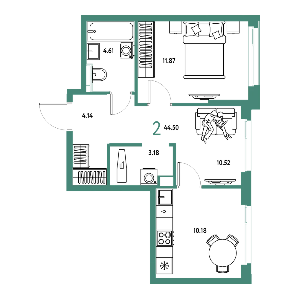 Планировка: 2-комнатная 44,5 м²