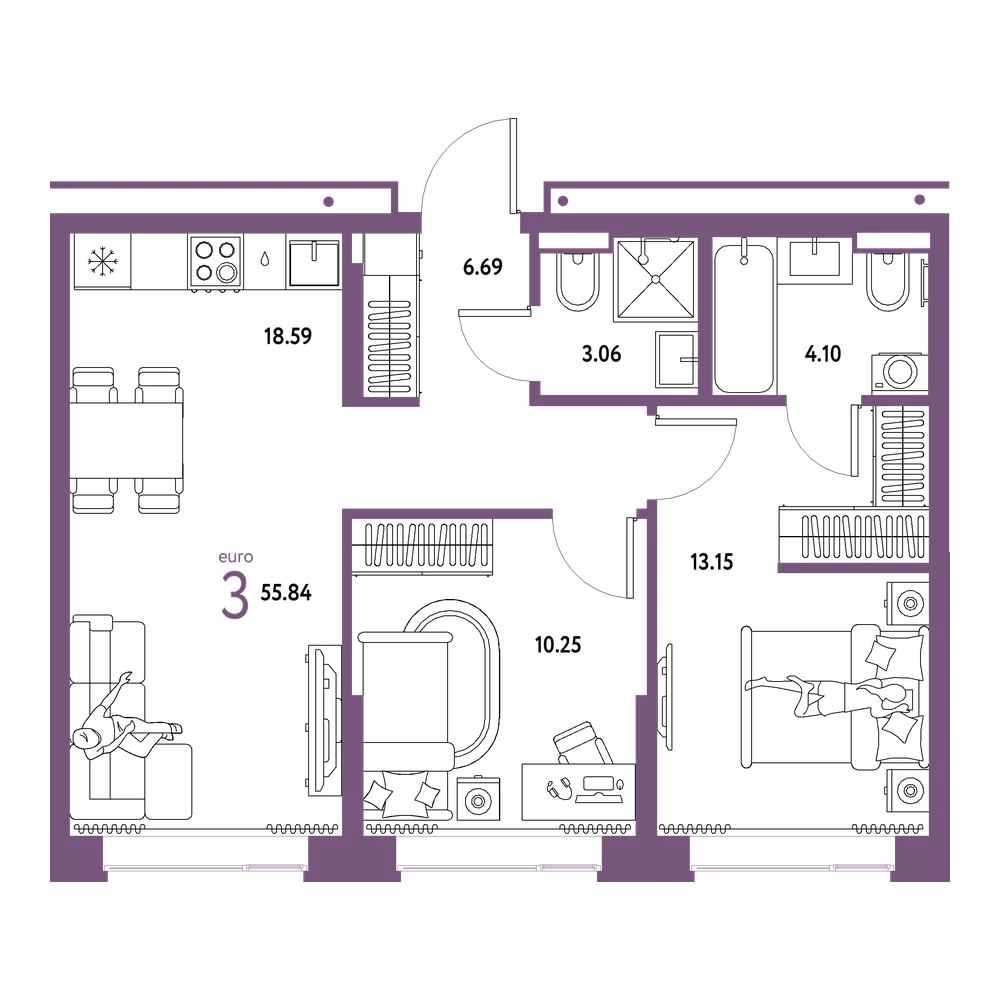 Планировка: Евротрёшка 55,84 м²