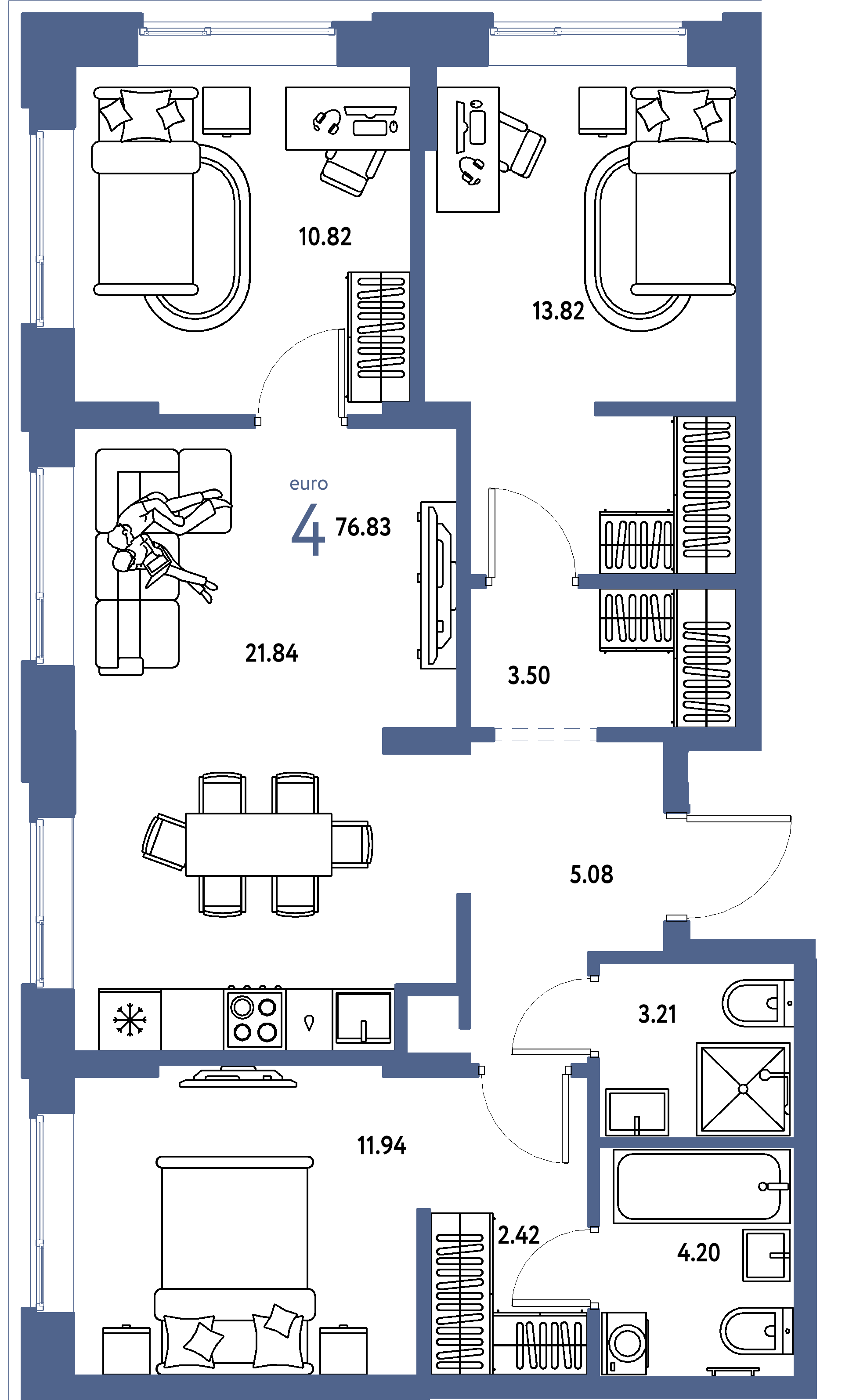 Планировка: Евро-4 76,83 м² в ЖК «Домашний»